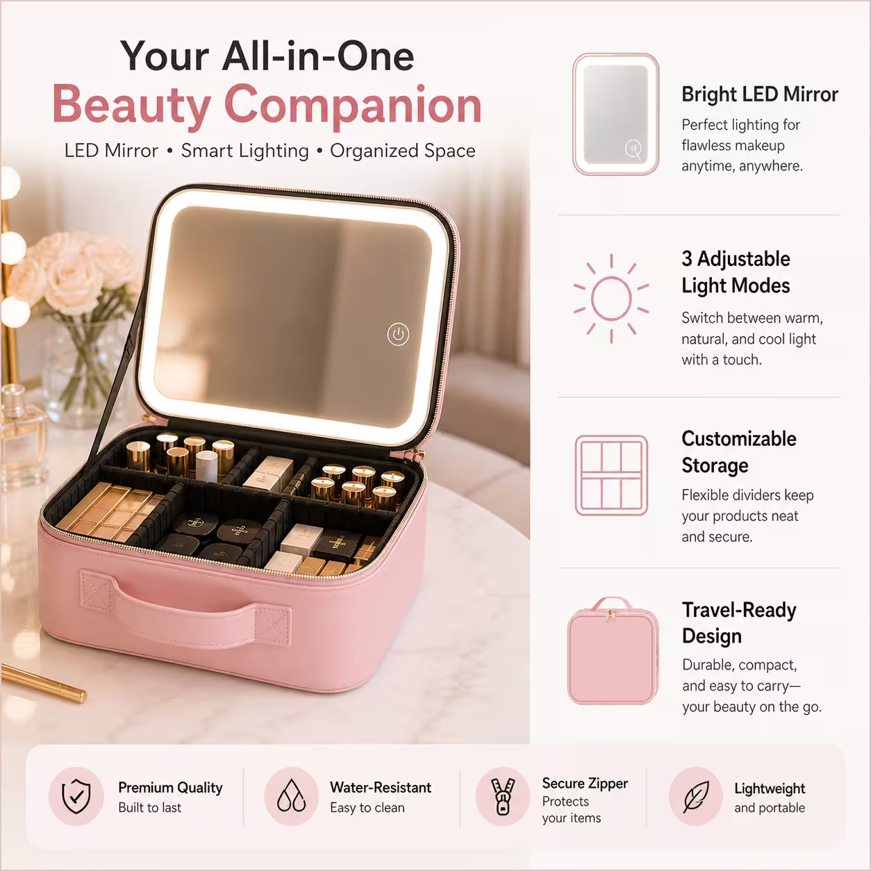Smart Touch LED Makeup Organizer Bag with Mirror