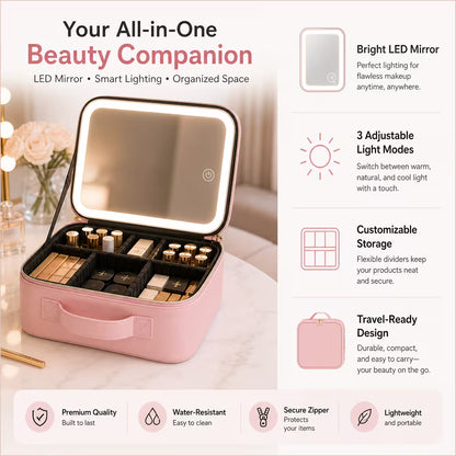 Smart Touch LED Makeup Organizer Bag with Mirror