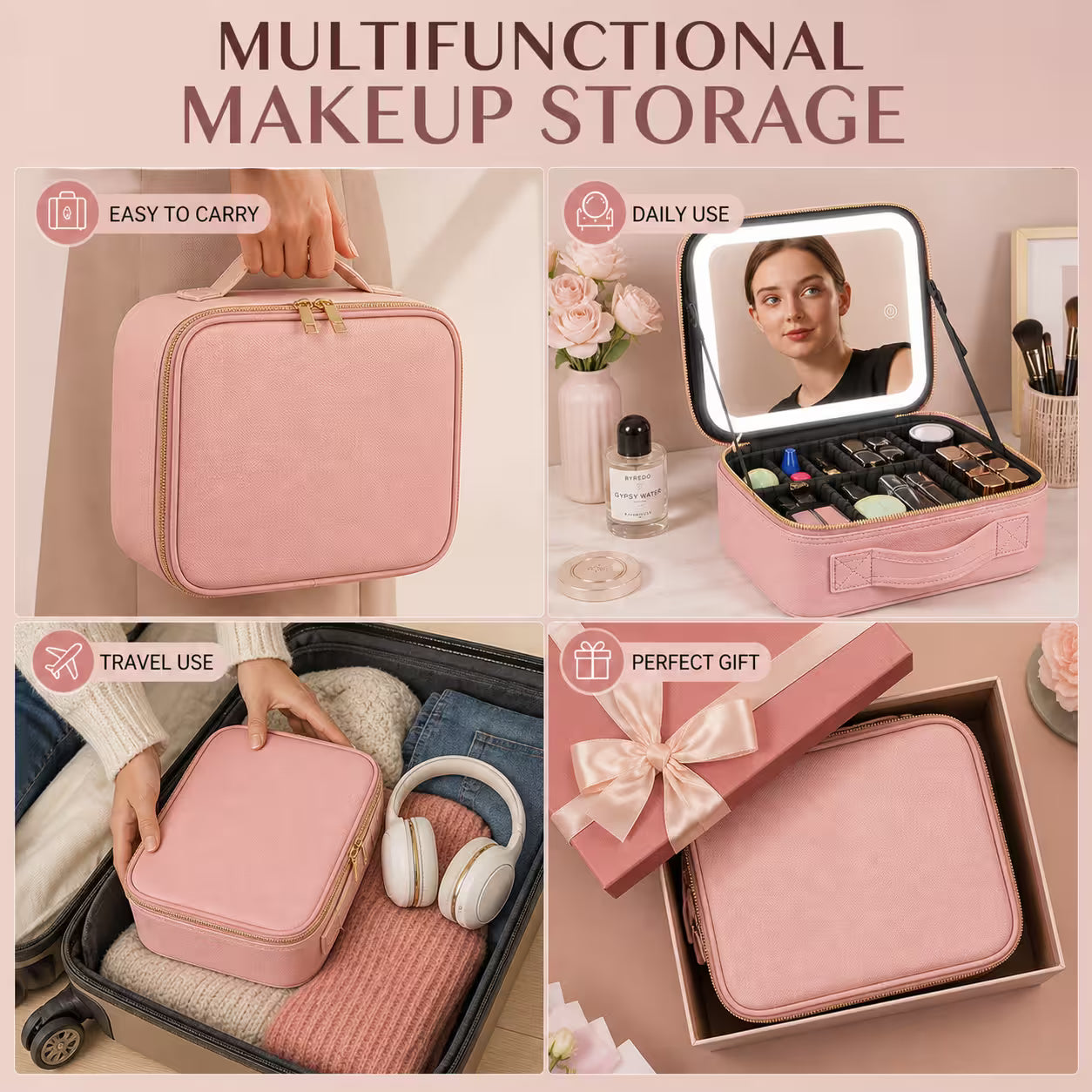 Smart Touch LED Makeup Organizer Bag with Mirror